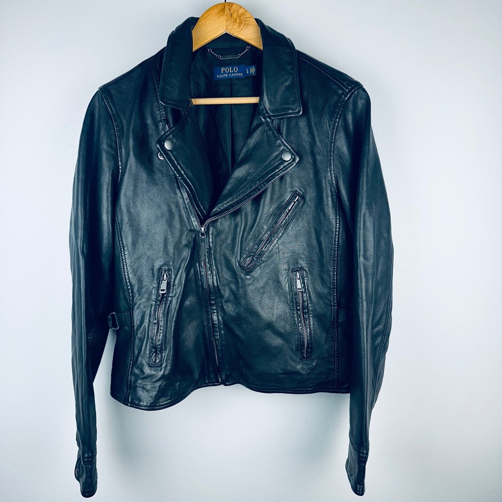 Polo Ralph Lauren Black Lamb Leather Moto Biker Jacket Large 211783031001